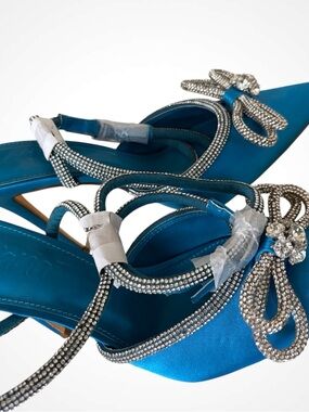 Liliana Teal Satin Pointed-Toe Slingback Heels with Crystal Bow
